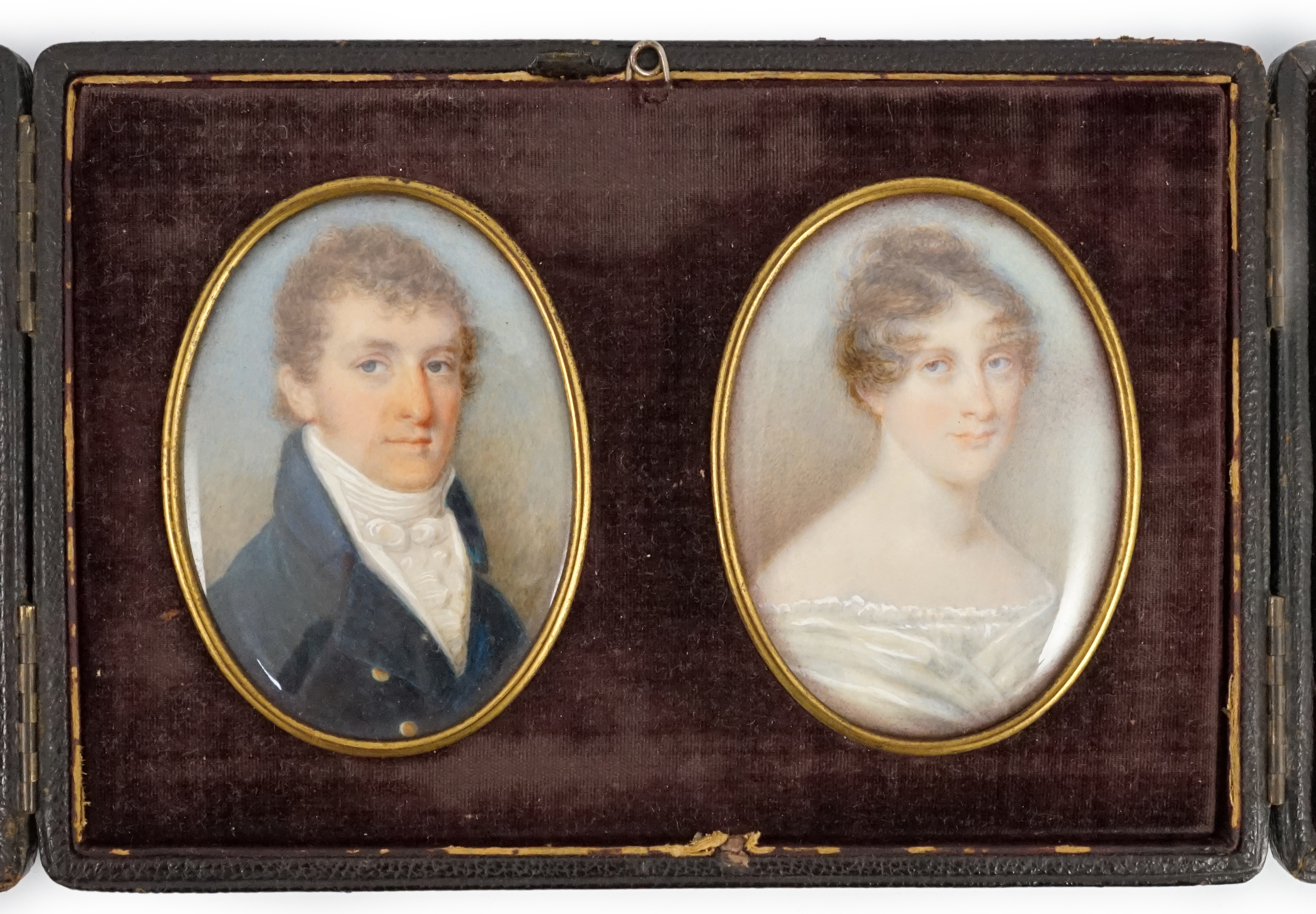 Attributed to Thomas Hargreaves (1774-1846), Portrait miniatures of Thomas Tobin and Esther Watson, married 1806, watercolour on ivory, 6.75 x 5cm. CITES Submission reference 3S54ANUV